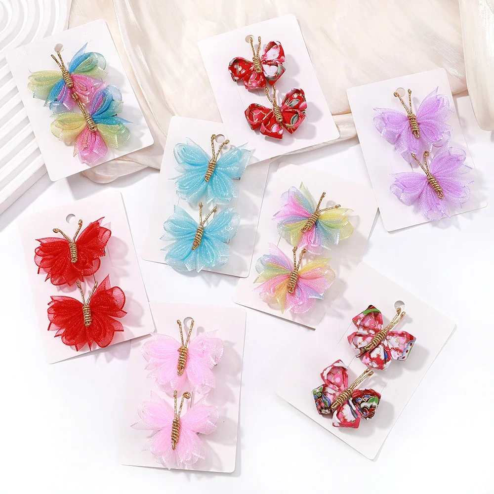 Pinzas para el pelo de mariposa para niña, horquillas de flocado gradiente con tocado de gasa dorada, accesorios para el cabello para niña, regalo, 2 unids/set