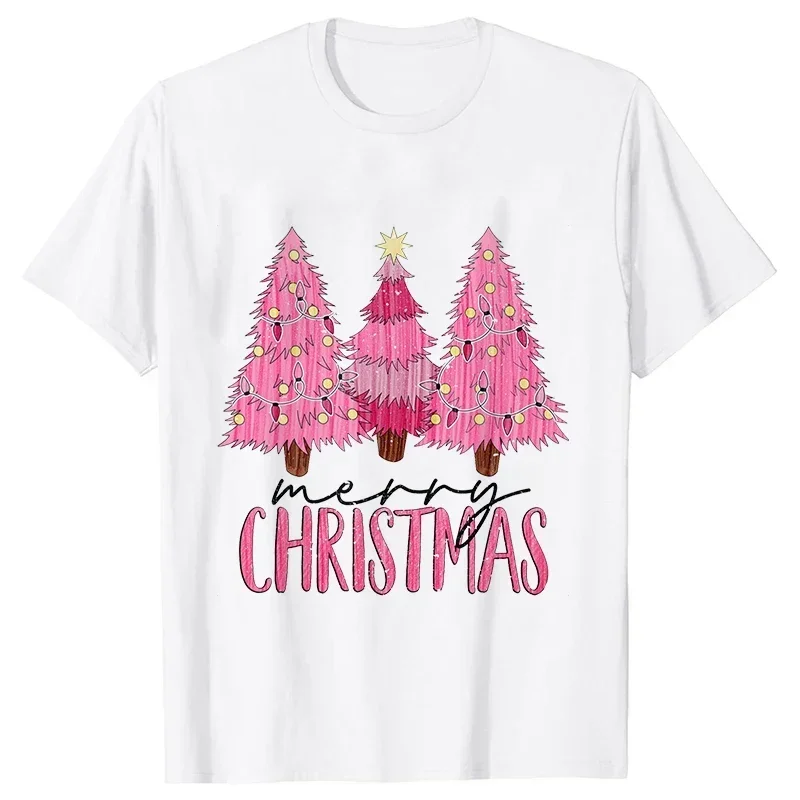 

Pink Christmas Tree Women Cotton T Shirt Funny Graphic Christmas Party Outfit Harajuku Female Clothing O Neck Short Sleeve Tees