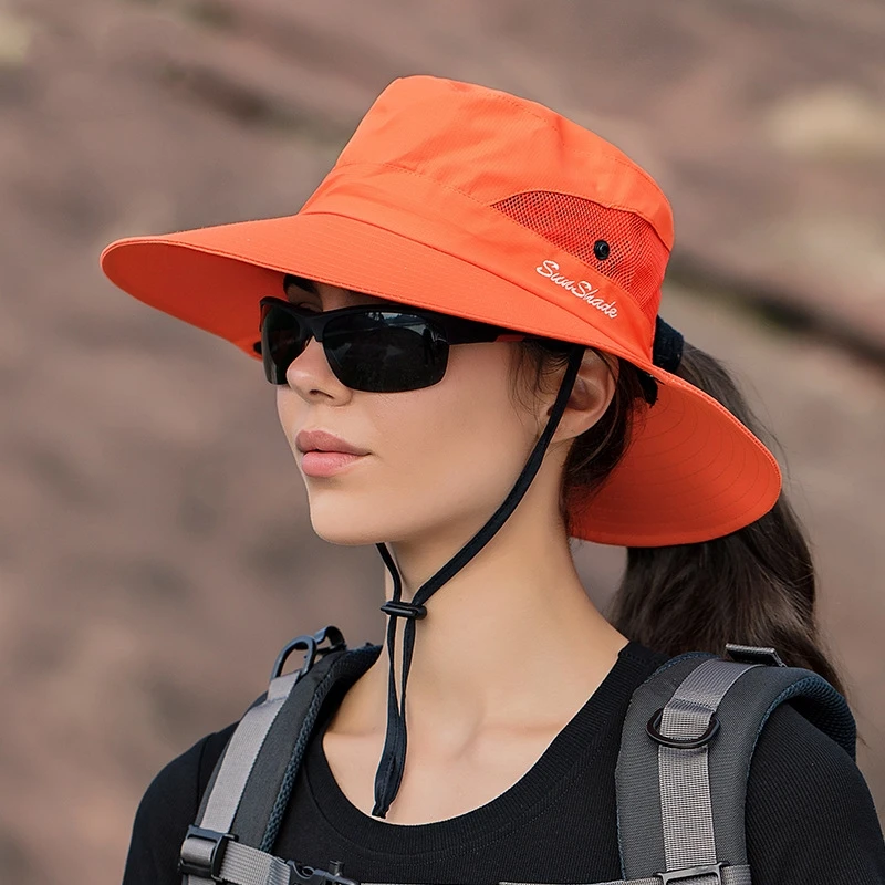 Women Summer Adjustable Bucket Hat with a Ponytail Hole Girls Sun Protection Hiking Cap Parent-child Outdoor Wide Brim Headgear