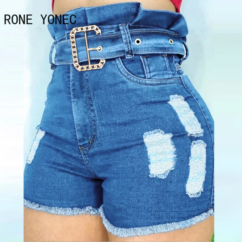 

Women Casual High Waist Ripped with Belt Skinny Straight Jeans Denim Shorts