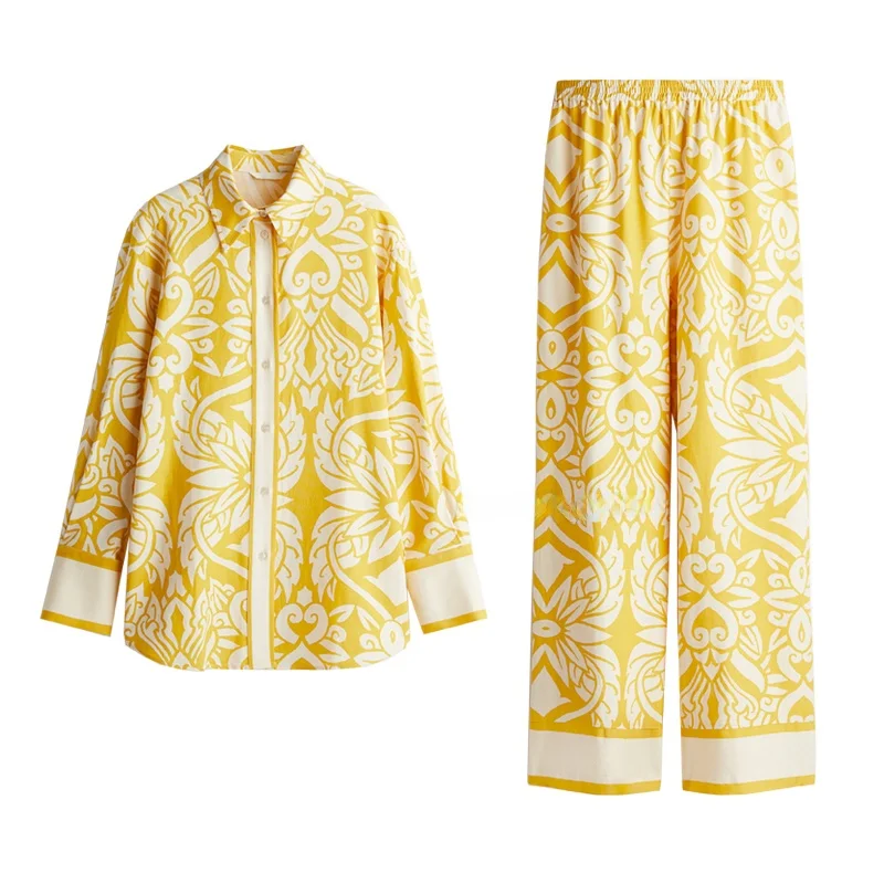 

Spring Summer Loose Linen Mix Print irt Straight Leg Pants Two Piece Set Long Sve Button up Faionable Women's Outfit