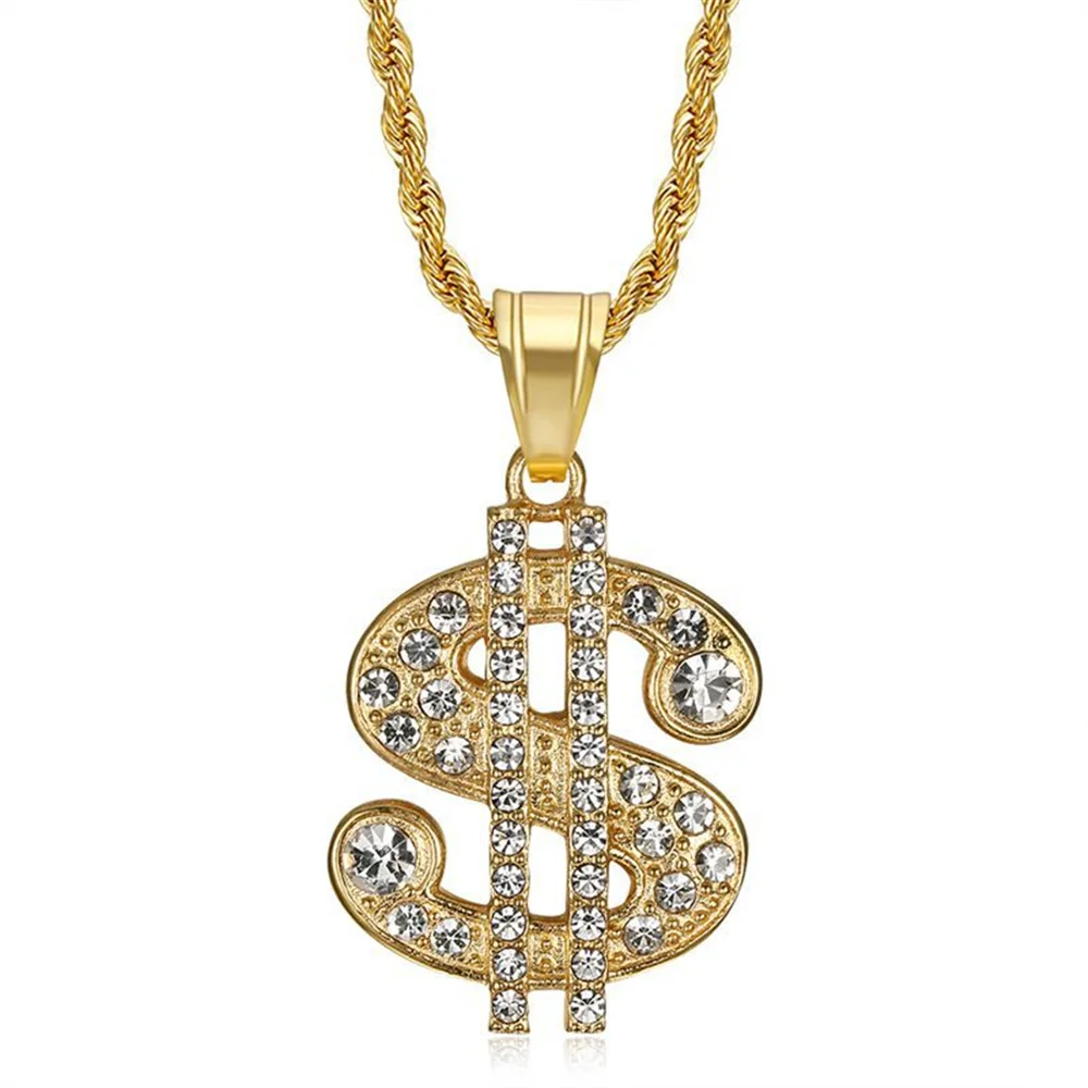 Hip Hop Iced Out Dollar Sign Pendant Necklace Male Gold Color Stainless Steel Chains For Men Money Jewelry Dropshipping