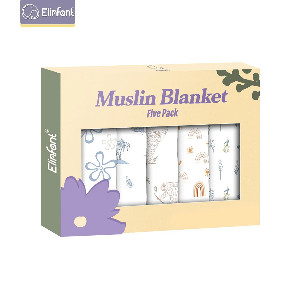 Elinfant Bamboo Cotton Muslin Bib Burp Cloth 5pcs Gift Set 100% Cotton 60*60cm 2 Layers Baby Scarf Handkerchief