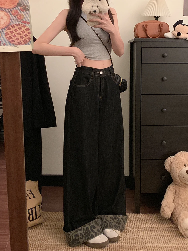 ريترو ليوبارد طباعة واسعة الساق الدينيم الجينز المرأة فضفاضة تناسب عالية الخصر التخسيس حجم كبير عادية عالية الخصر السراويل الطويلة