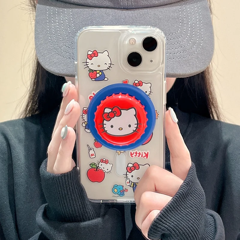 Cute Cartoon Sanrio Hello Kitty Magnetic Holder Magsafe Wireless Charge Phone Case For iPhone 16 15 14 13 12 Pro Max Hard Cover