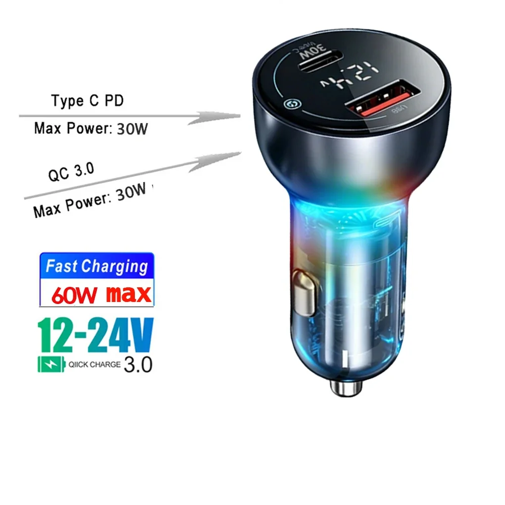 Digital Car Charger 60W PD+QC3.0 Dual Ports Type C USB Fast Charging Adapter with Voltmeter & On/off Switch & RGB Ambient Light view 5