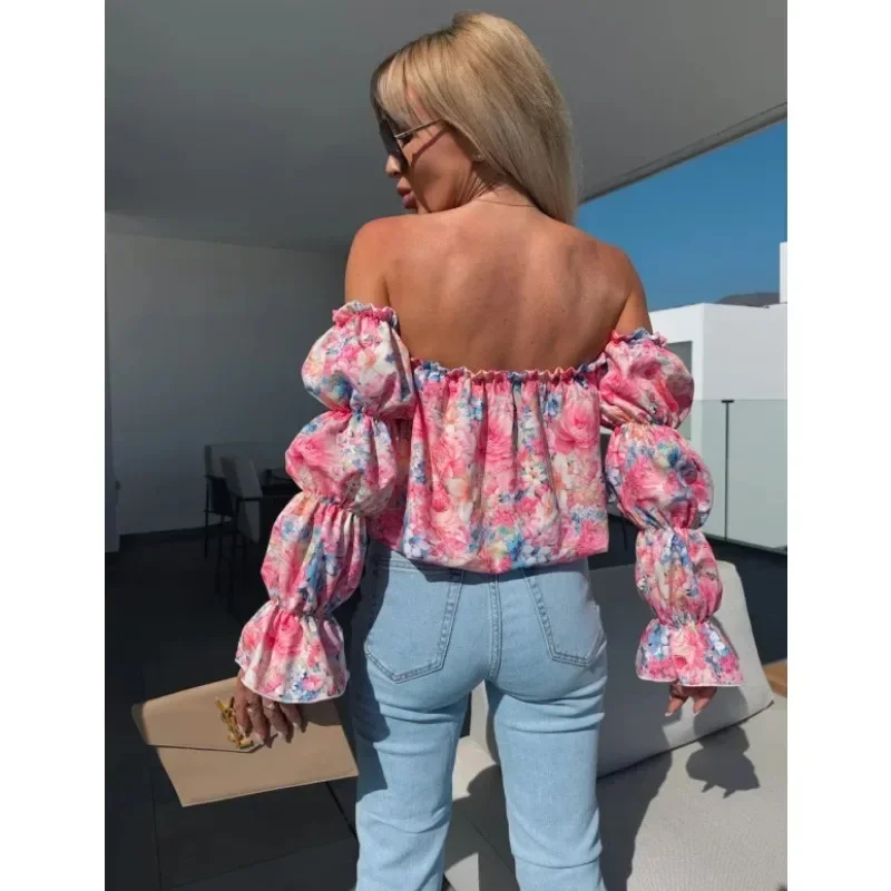 المرأة الجديدة أزياء معطلة الكتف طوق الأزهار المطبوعة قميص بلوزة السيدات الخصر جمع طويلة الأكمام مقنعين قميص