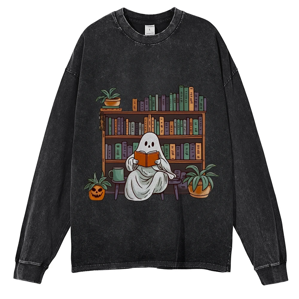 Librarian Ghost Hallowee Printed Sweatshirt Unisex Halloween Pumpkin Pullover Casual Washed Long Sleeve Women\'s Fall Clothes