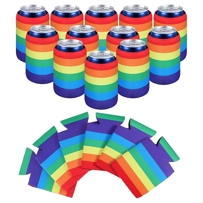 

200Pcs Rainbow Stripe Neoprene Stubby Holder Beer Can Bottle Cooler Picnic Cooler Bags For Wine Food Cans Wedding School Party