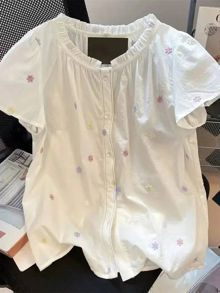 

Floral Embroidery Chic Blouse Women Casual Loose Sweet Short Sleeve Shirt Cute Edible Tree Fungus Fashion Korean Tops New