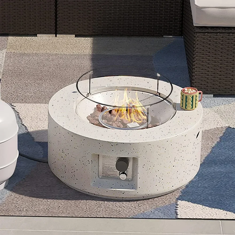 28 Inch Fire Pit Table with Glass Wind Guard, Waterproof Cover, Lava Rocks, Round Spotted Propane Gas Fire Pit Table