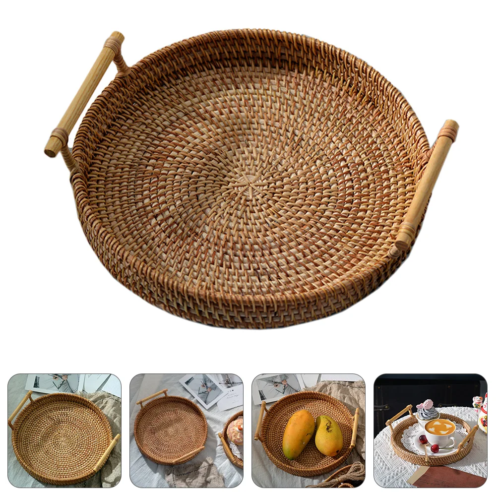 Woven Basket Dim Sum Fruit Plate Hand Made Rattan Footstool Storage Brown Home Serving Snack