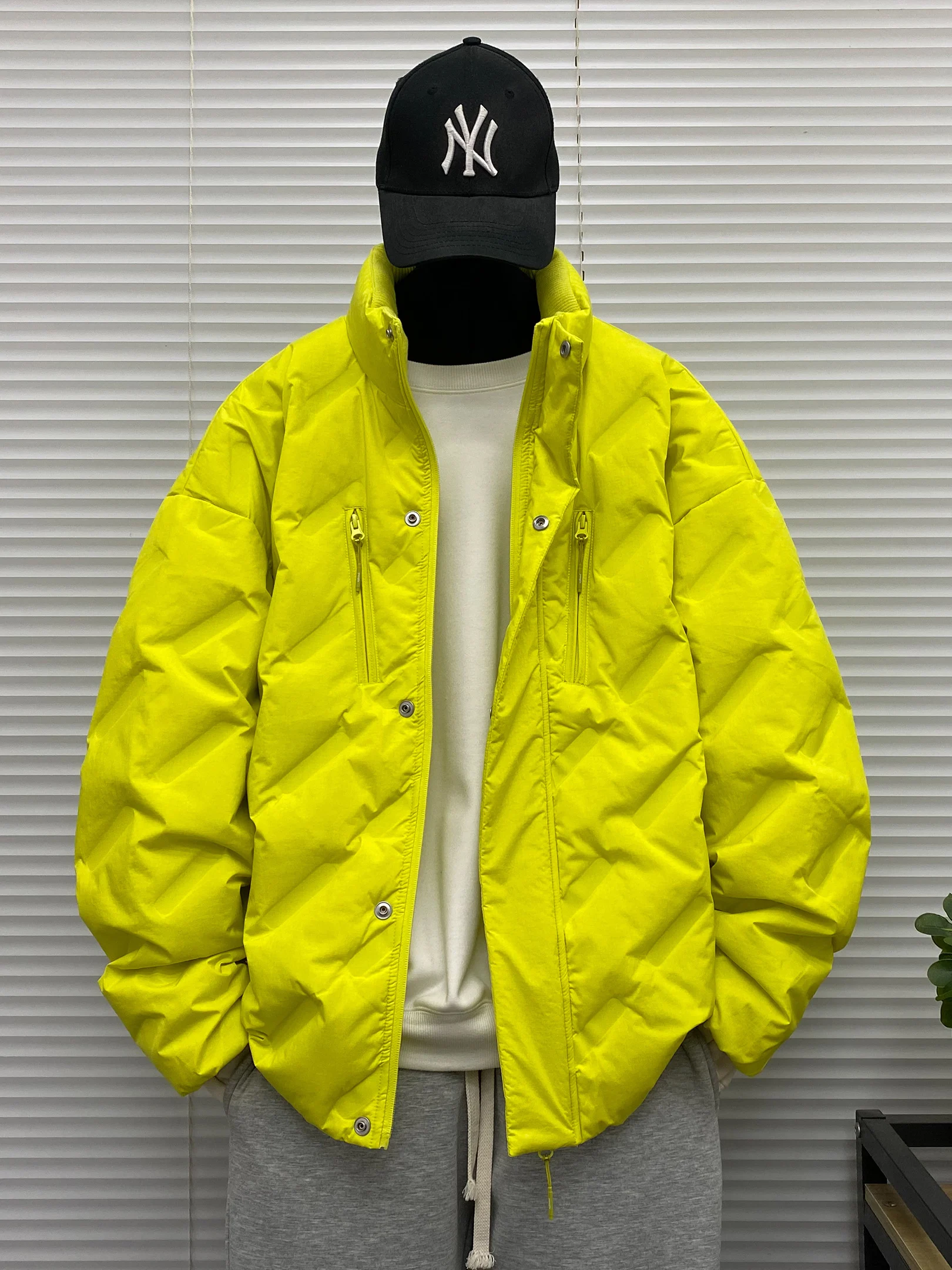 

Men's Oversize down Jaet Floral Eming Stand Collar Warmth Ci Casual Sle Zipper Decorative Elastic Sealing Windproof