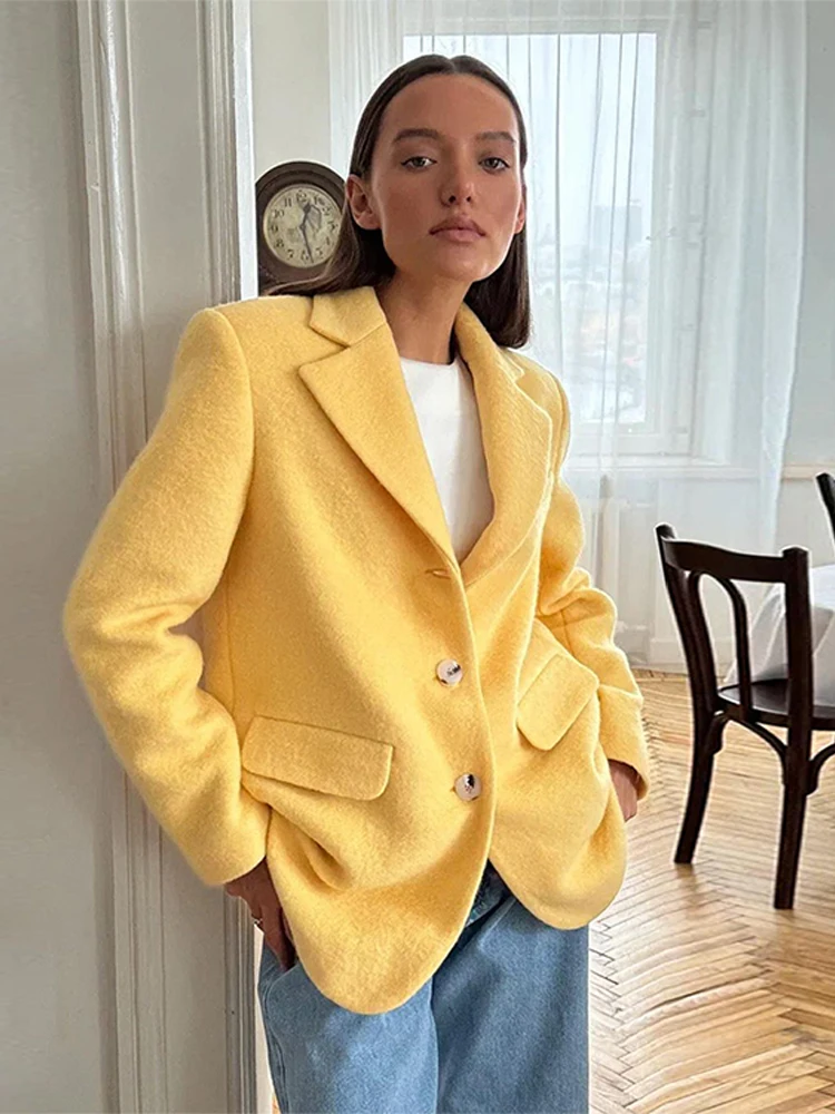 

Solid Woolen Suit Jacket Women Elegant Turn-down Collar Single Breasted Pockets Blazers 2025 New Fashion Early Autumn Outerwear