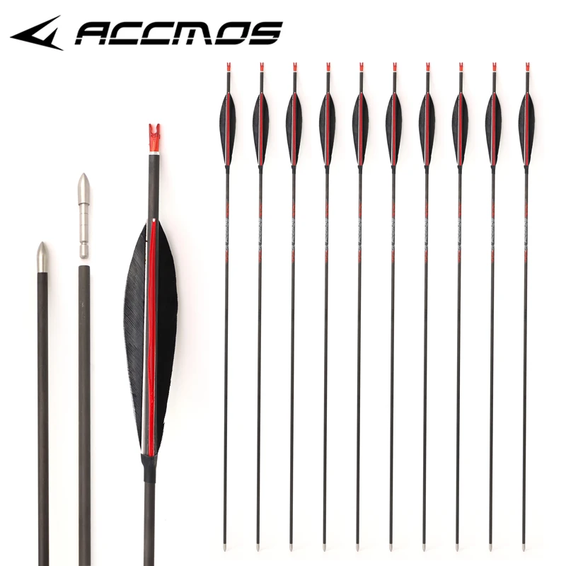 6/12 Uds flecha ID4.2mm carbono puro 32 pulgadas tiro con arco columna vertebral 300/1800 con arco de plumas de pavo de 5 pulgadas accesorios de caza tiro