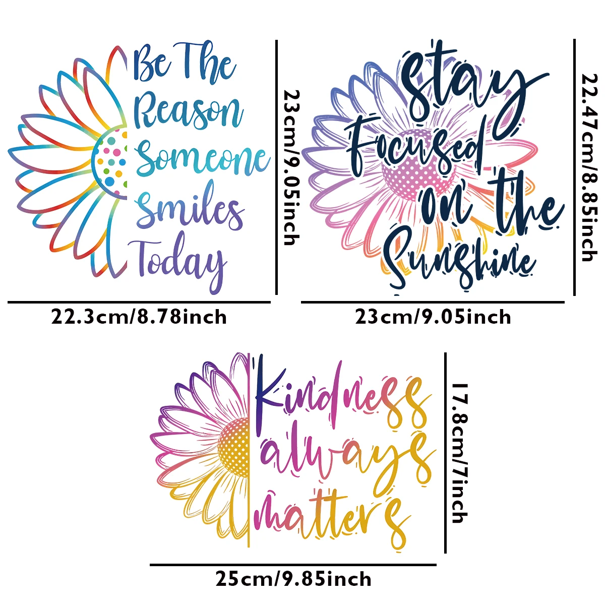 3Pcs Colorful Sunflower Pattern With Words Theme Iron-on Transfer Sticker,Inspirational Design Heat Press Decal,For DIY Clothing