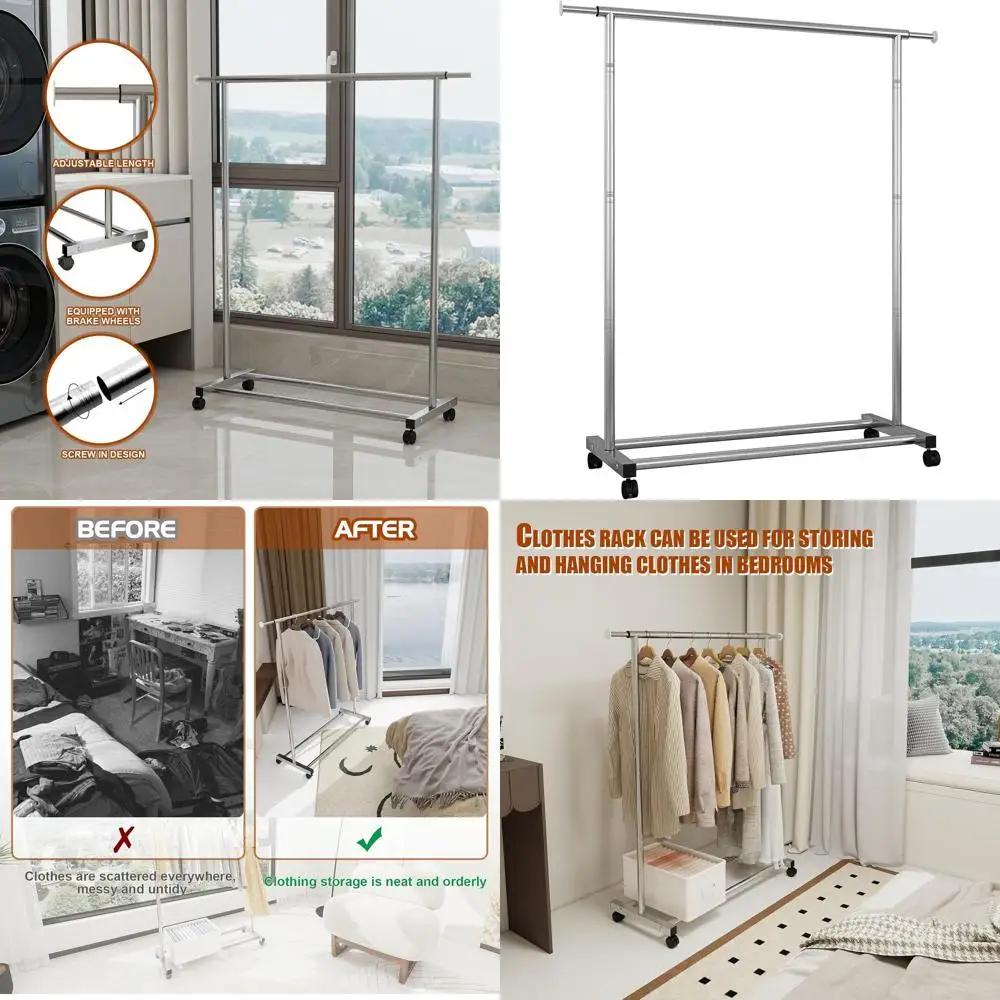 

Серебряная регулируемая вешалка для одежды на колесиках для подвешивания одежды