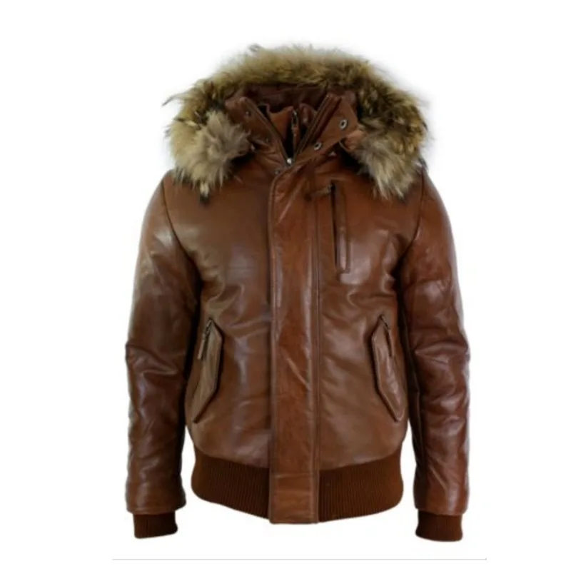 Men's Genuine Leather Brown Bomber Jacket Faux Fur Removable Hooded Winter Coat