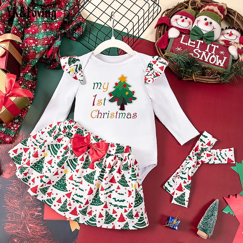 

New Autumn Winter Christmas Baby Girls Long Sleeve Letter Print Tops With Skirt For Toddler Kids Xmas Party Prom New Year Outfit