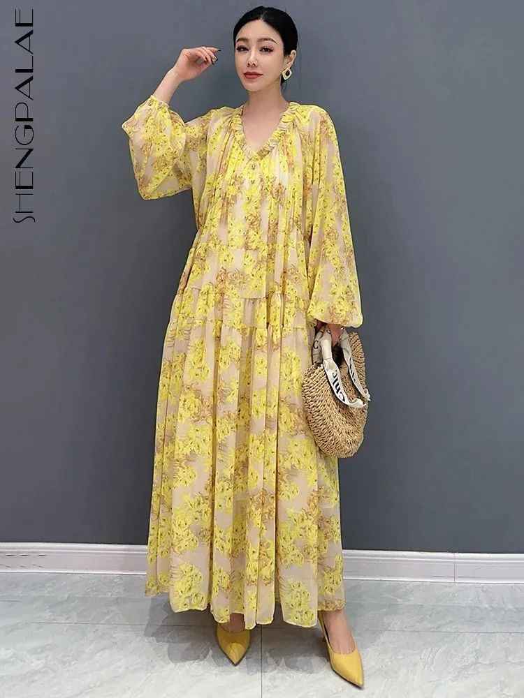 SHENGPALAE 2024 Summer New Fashion Trend Casual Dress For Women Printed V-neck Loose Long Sleeve Pleated Elegant Dresses 5C1289