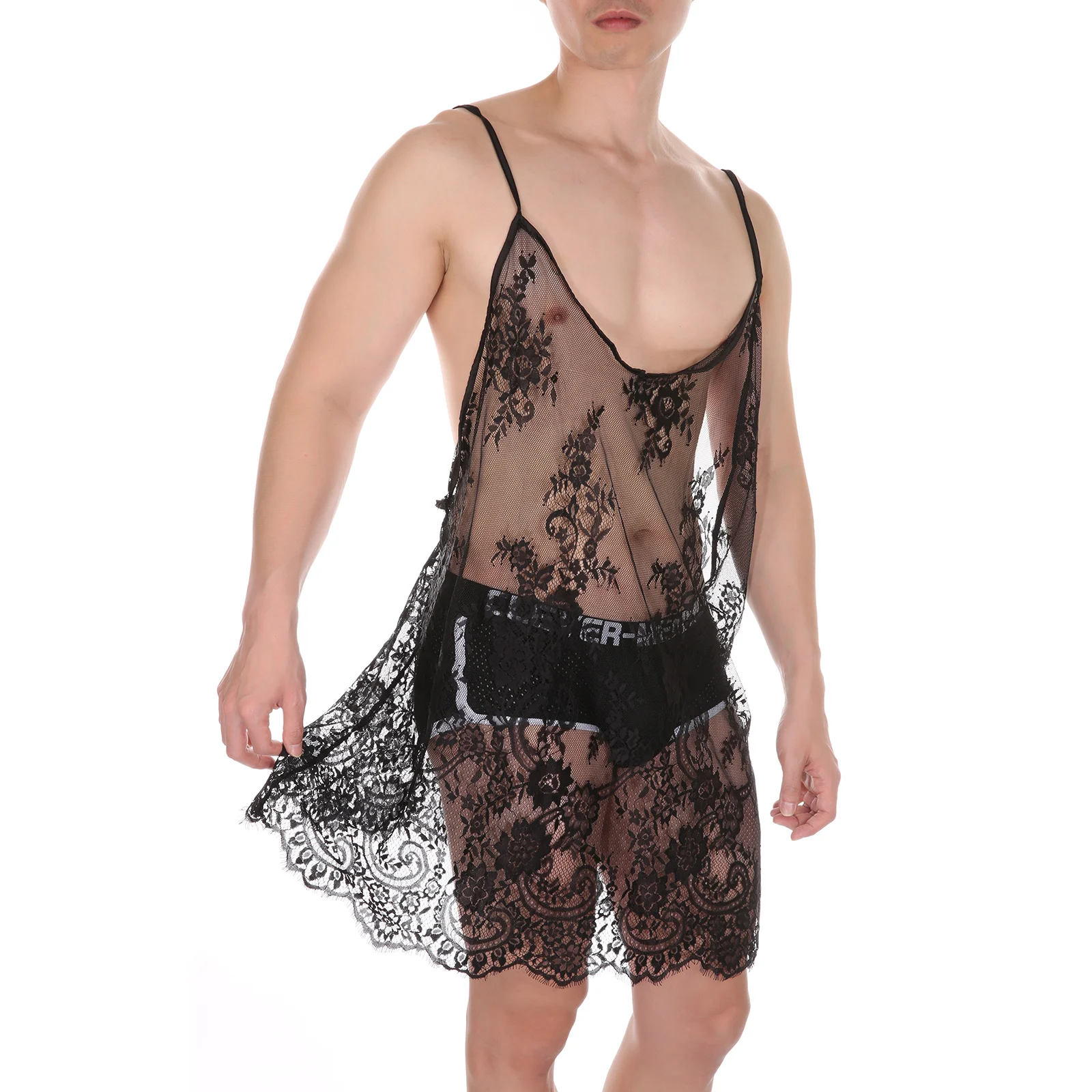 

Lace Cut-Out Dress Nightdress Transparent See-Through Mesh String Breathable Ultra-Thin Underwear Home Sleep Bathrobe Clothing