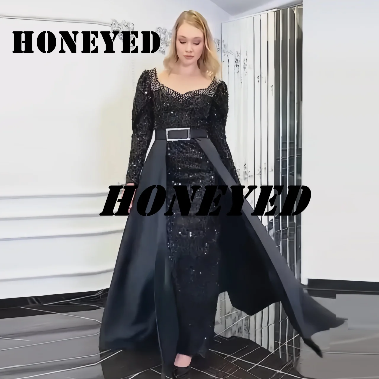 Honeyed-vestido de noche negro de satén exquisito, manga larga y borlas en el tobillo, lentejuelas, cuello redondo, tirantes de hombro regulares, nuevo 2023