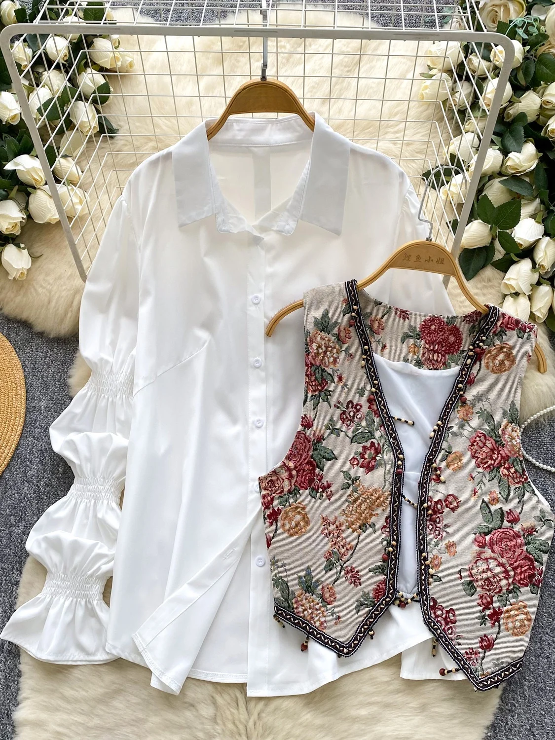 

Жилет с вышивкой в стиле ретро, повседневный комплект Bubble Sve irt из двух предметов, высокая талия, длина стойки, универсальный крой, осенняя мода