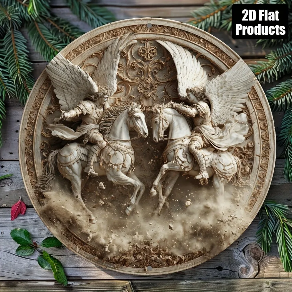Metallschild „Zwei Pferde“ in 2D, 20,3 x 20,3 cm, runde Aluminiumplatte, Wandkunst für Bar, Café, Zuhause, Büro, Halloween, Weihnachten, Geschenk