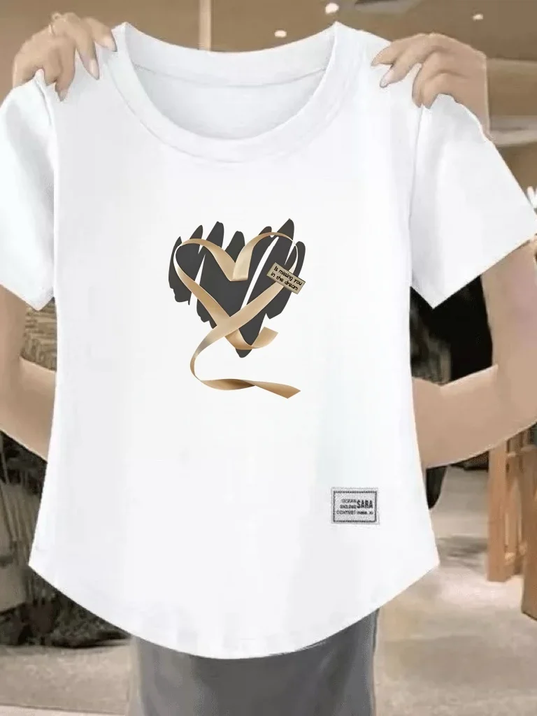 

plus Size Women's Printed Short Sleeve T-Shirt Summer New Style Belly Cover Slimming Top Polyester Fiber Regular Sleeve Crew ...