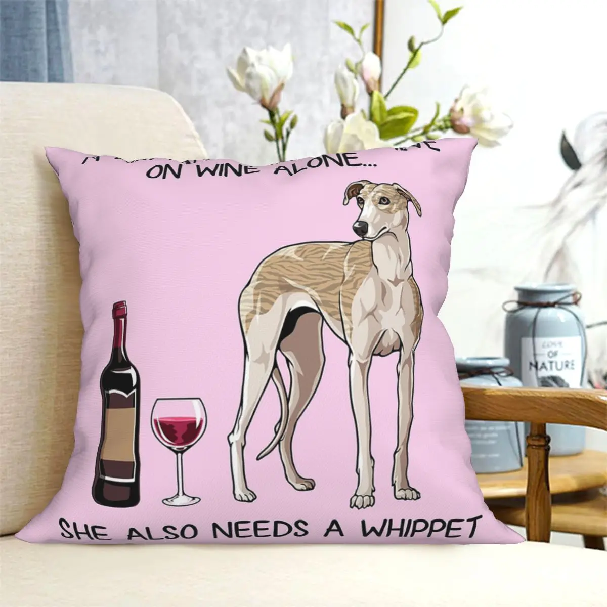 Whippet Dog And Wine Funny Gift For Dog Mom Square Pillowcase Cushion Cover Pillow Case Throw Pillow Cover for Home Bedroom Car