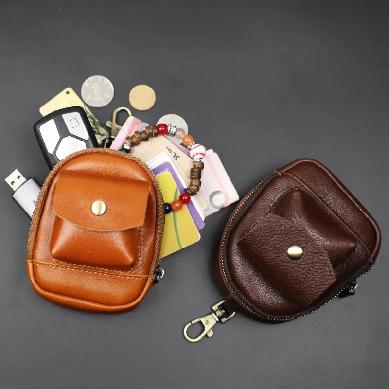 Genuine Leather Coin Purse Soft Change Purse with Hook and 2 Pockets Mini Coin Pouch Holder for Men Women Outdoor Sport Key Case