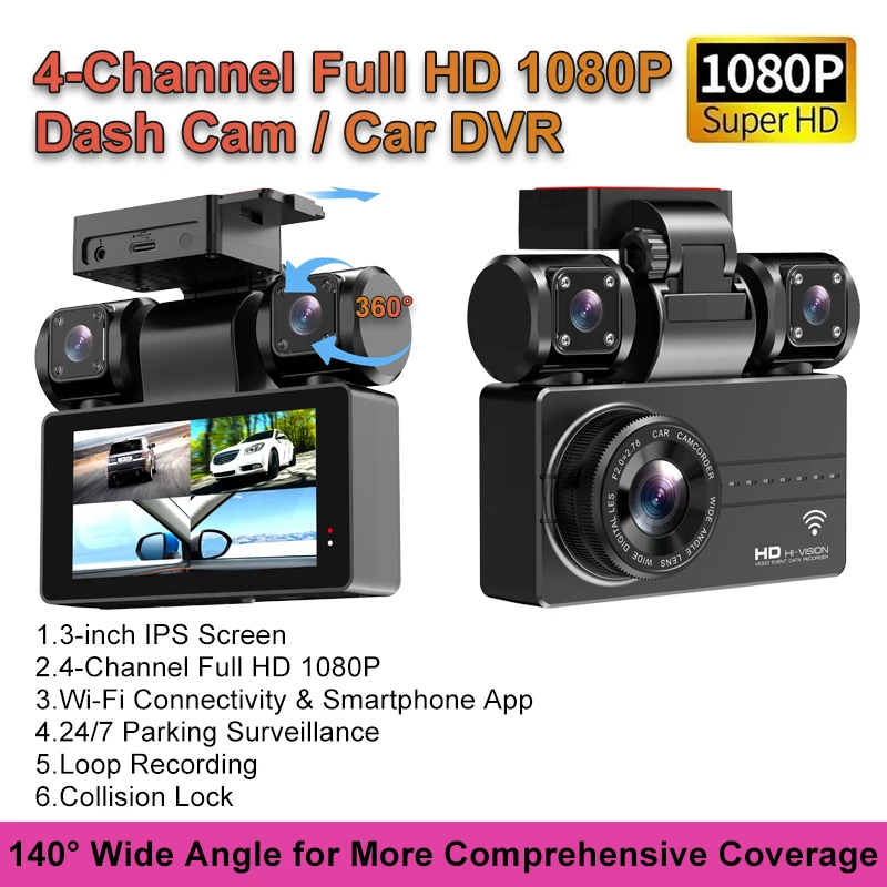3 Inch 4 Channel 1080P Car DVR Dash Cam 140 Degree Wide Angle Night Vision Loop Recording Navigation Video Recorder