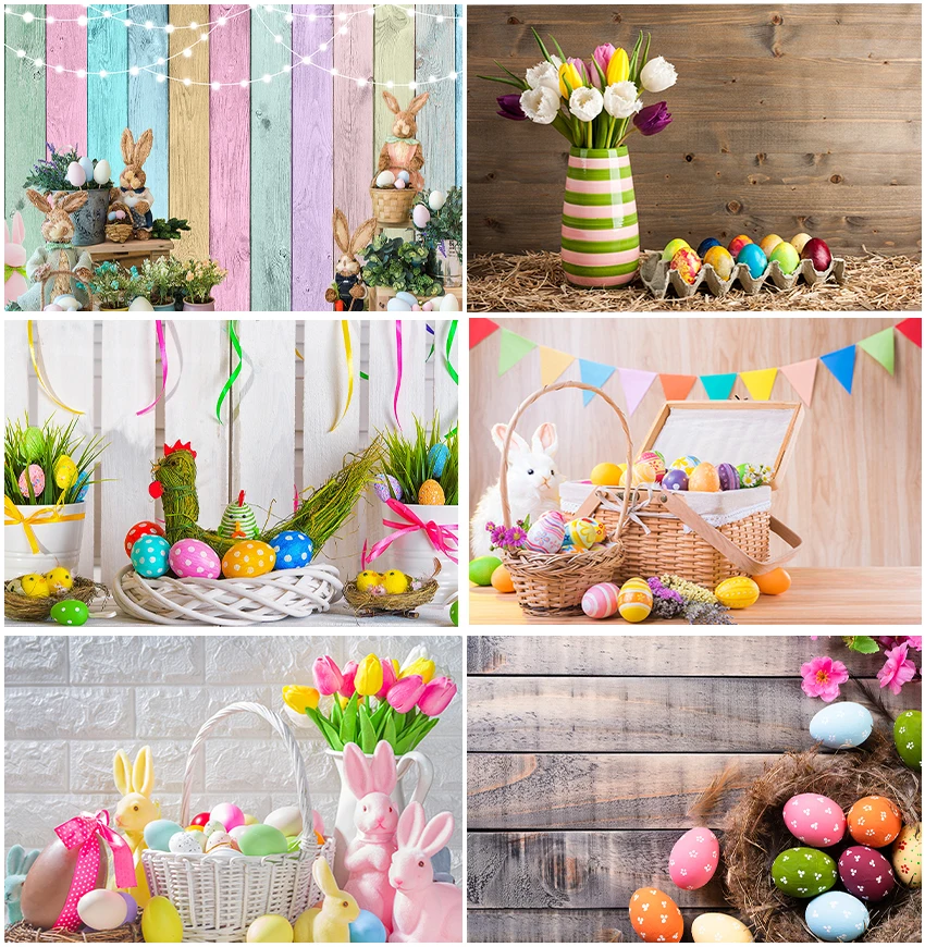 Rabbit Bunny Backdrops Photography For Happy Easter Decoration Flowers Spring Backgrounds Eggs Wood Board Brick Wall Decor