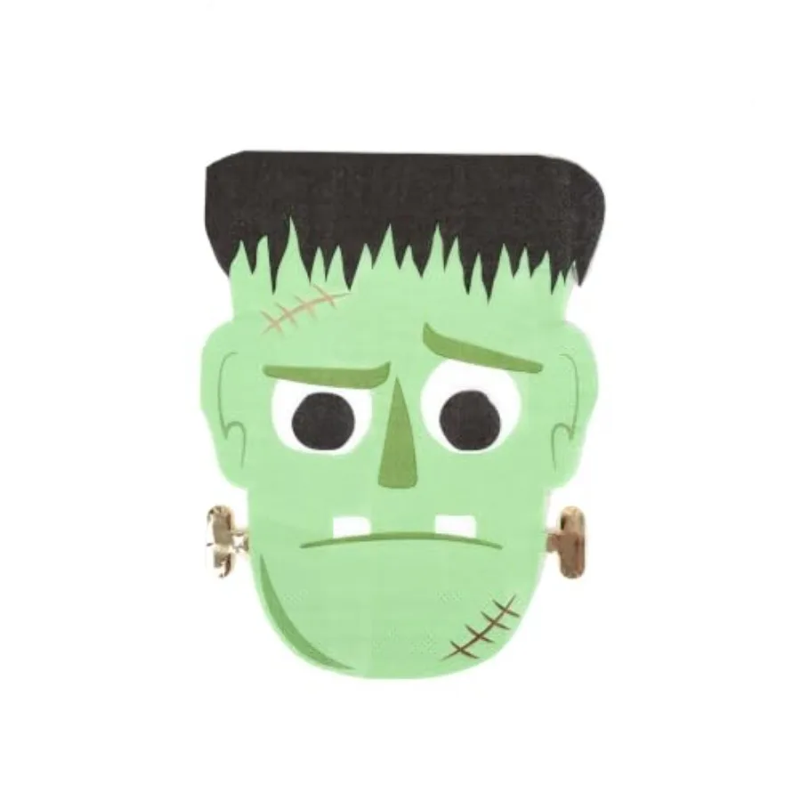 Frankenstein Monster Shaped Paper Guest Towels, 16 Pack, 7 Inch Die Cut Frankie Halloween Napkins, Green Monster Birthday Table