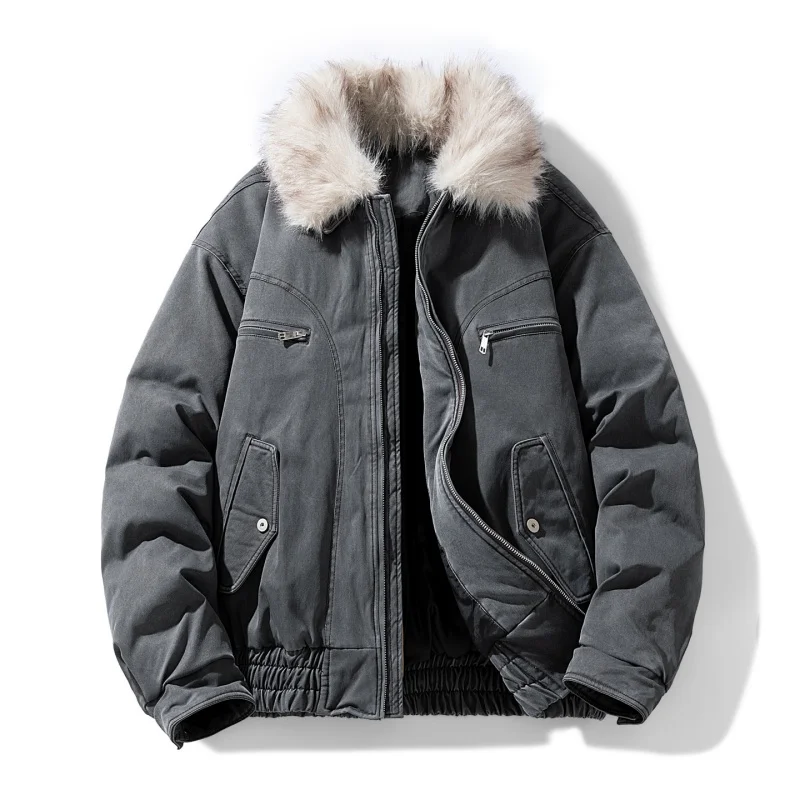 Vintage All-match Thicken Men Parkas Lamb Fleece Collar Warm Cotton Jacket Casual Comfortable Male Clothing Winter New Outdoor