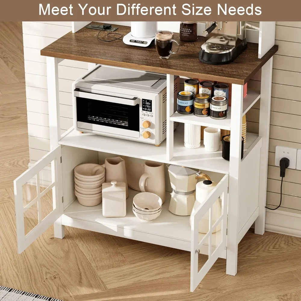 Farmhouse Bakers Rack with Power Outlets and Storage, Coffee Bar Cabinet with Storage, Microwave Stand Kitchen Cabinet