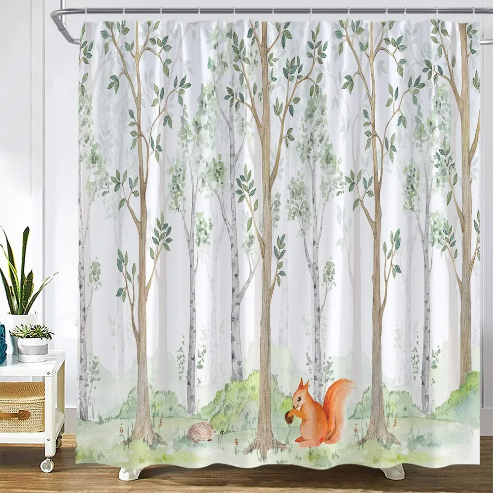 Spring Forest Shower Curtains Funny Animals Fox Bear Deer Squirrel Rabbit Green Leaves Plants Trees Modern Fabric Home Decor Set