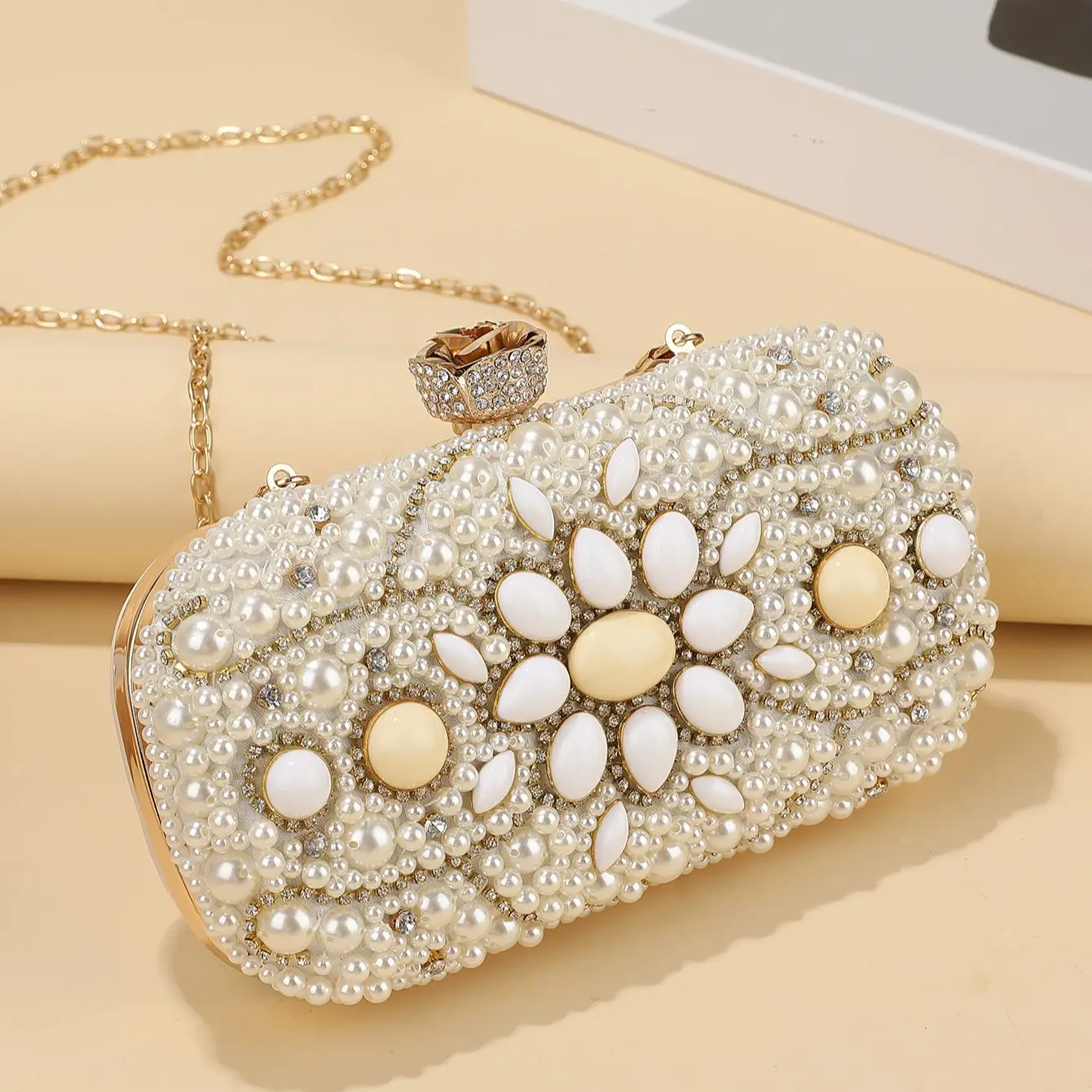 Fashion Beauty Pearl Bride Bag Luxury Chain Crystal Women Evening Bags Elegant All-match Diamond  Buckle Double-sided Beads Purs