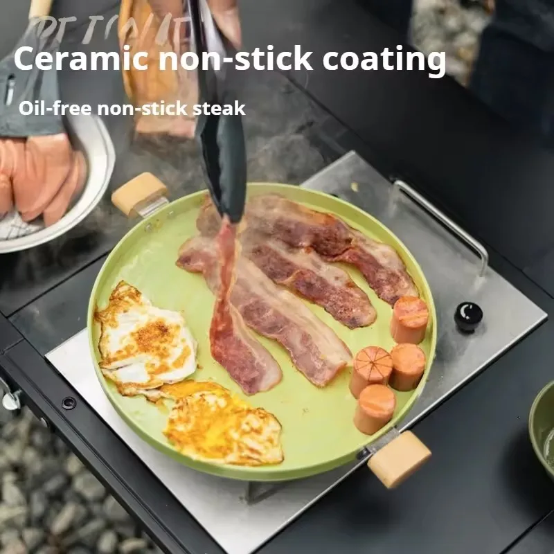 

28cm Camping Grill Pan - Nonstick Ceramic Coated Aluminum BBQ Skillet, Portable Smokeless Frying Pan For Outdoor Picnic/Home Use