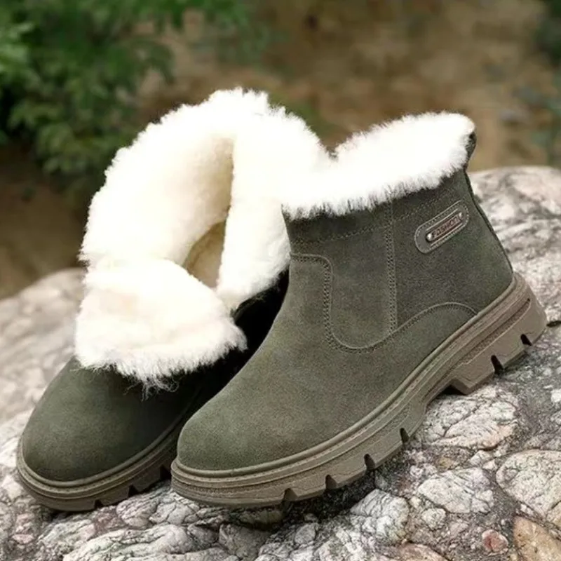 Men's Winter Boots Cowhide Waterproof Boot Fashion Side Zipper Shoes Warm Wool Plush Outdoor Hiking Snow Walking Non-slip Shoe