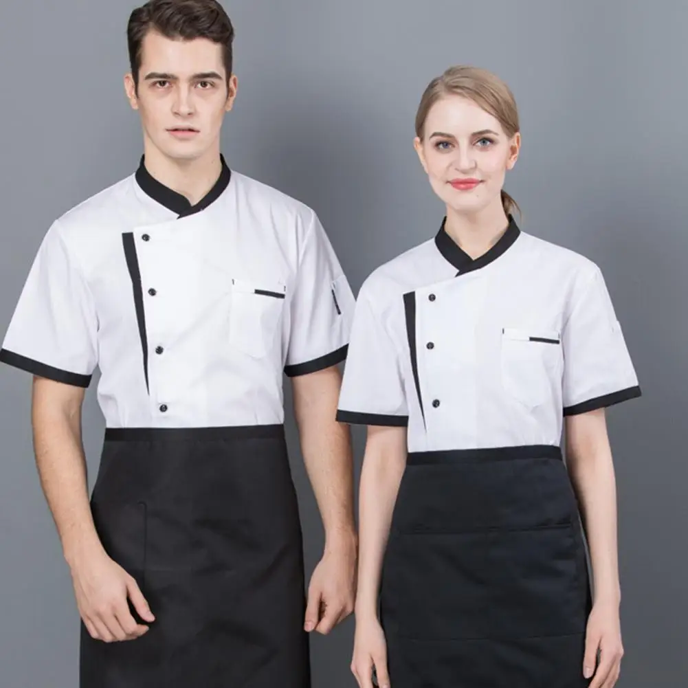 Chef profissional uniformes com carrinho colarinho patch bolso, jaqueta unisex, mangas curtas, uniformes respiráveis para restaurante