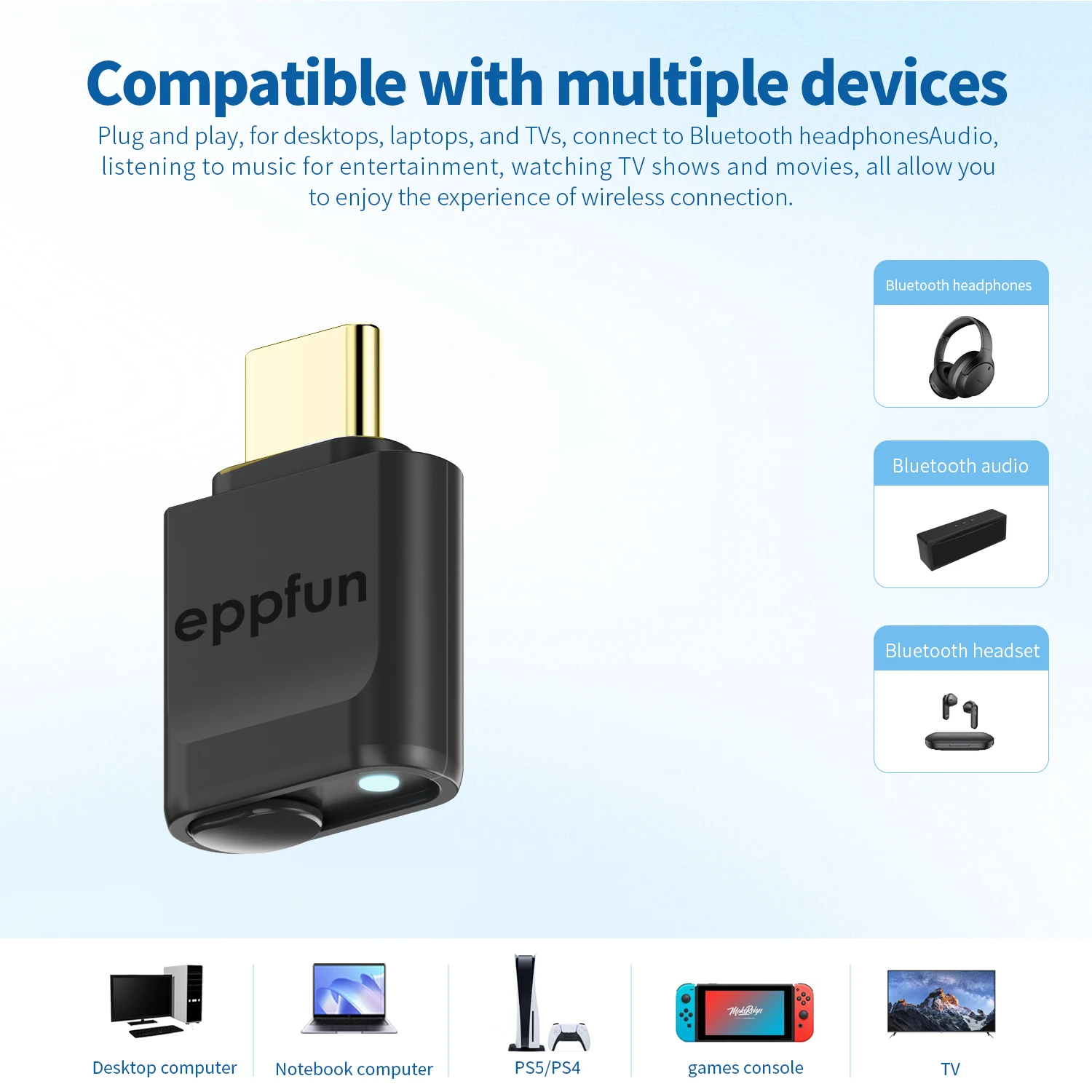 eppfun Type-C Bluetooth 5.4 Transmitter for Mobile/Game Player to Wireless Headphones, LDAC/AptX Adaptive/Low Latency