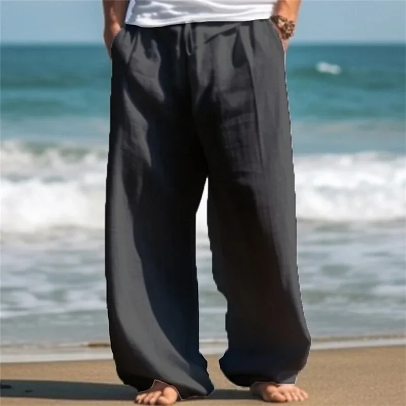 Men Double Side Pockets Loose Straight Pants Drawstring Stretch Mid Waist Long Trousers Male Daily Comfortable Casual Beach Wear