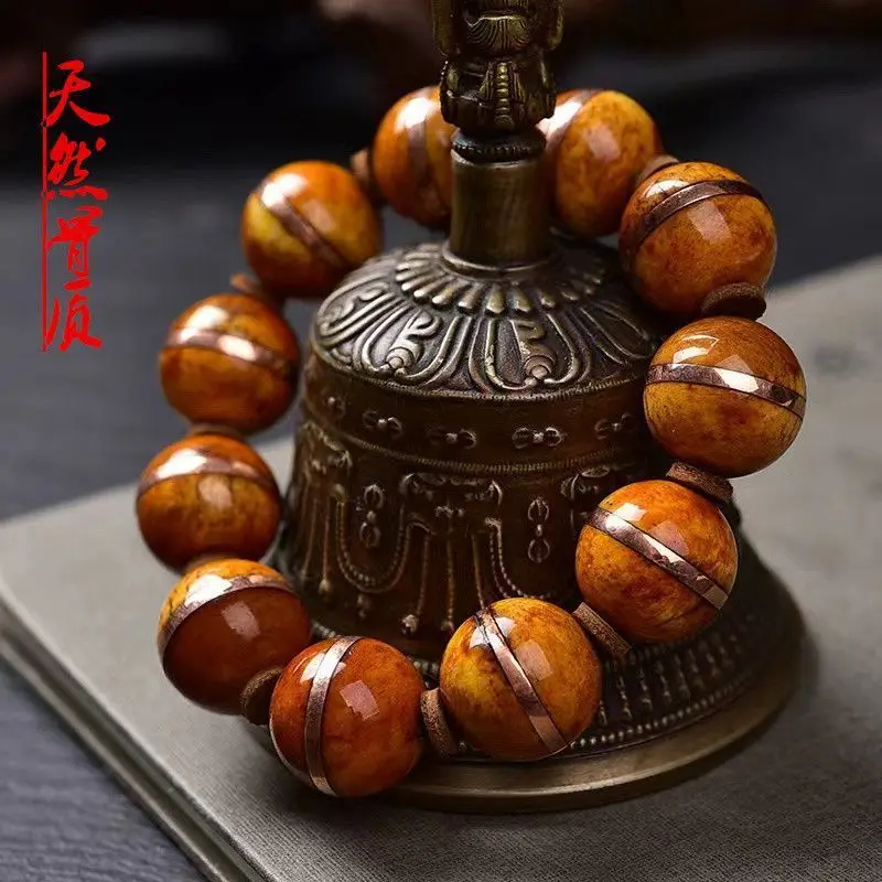 Yak Bone Old Material Weathered Pattern Inlaid Copper Tube Ethnic Style Unisex Bracelet Buddhist Beads