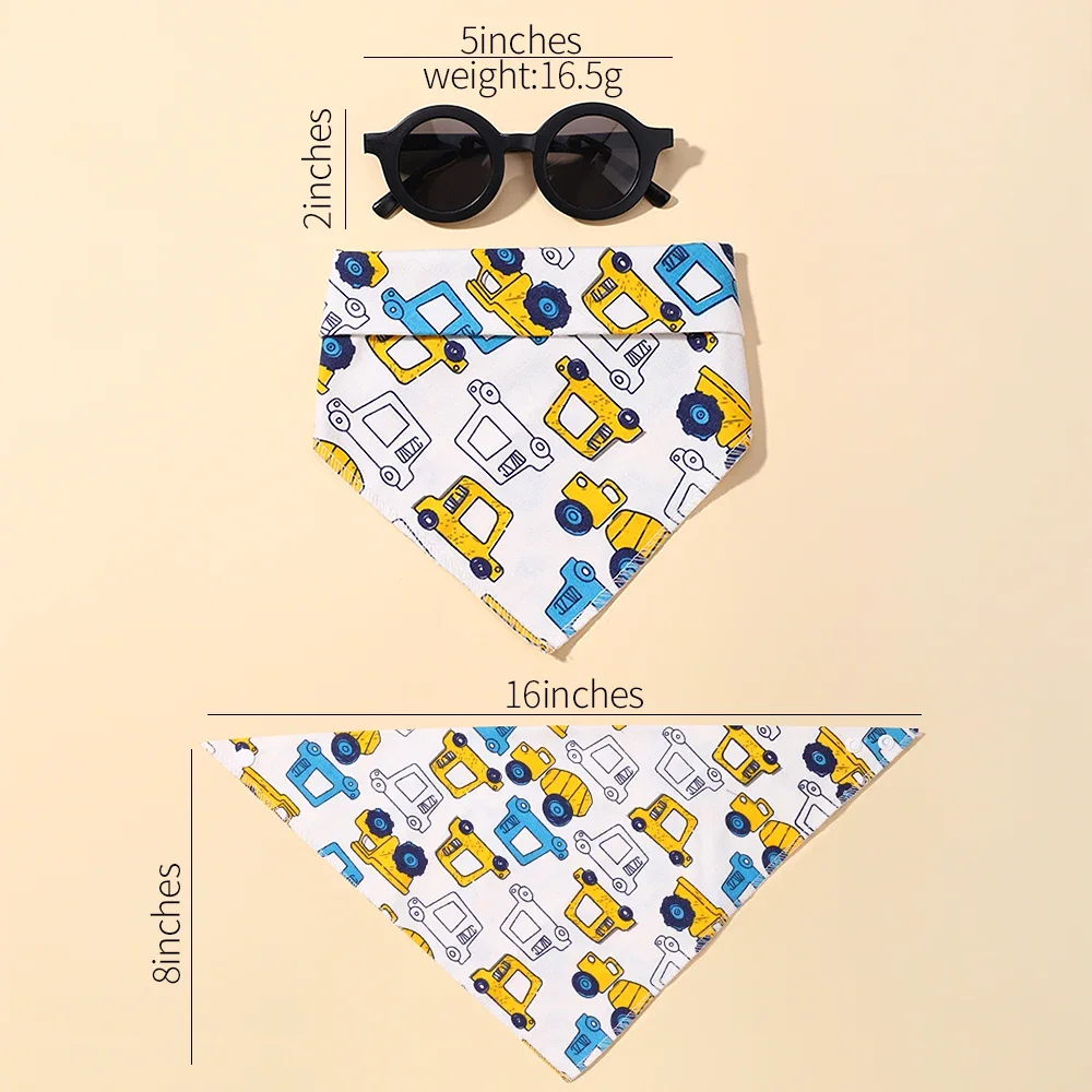 2Pcs/Set Muslin Cotton Baby Bib Sunglasses Set Adjustable Button Triangle Saliva Towel Print Infant Boy Girl Feeding Bibs