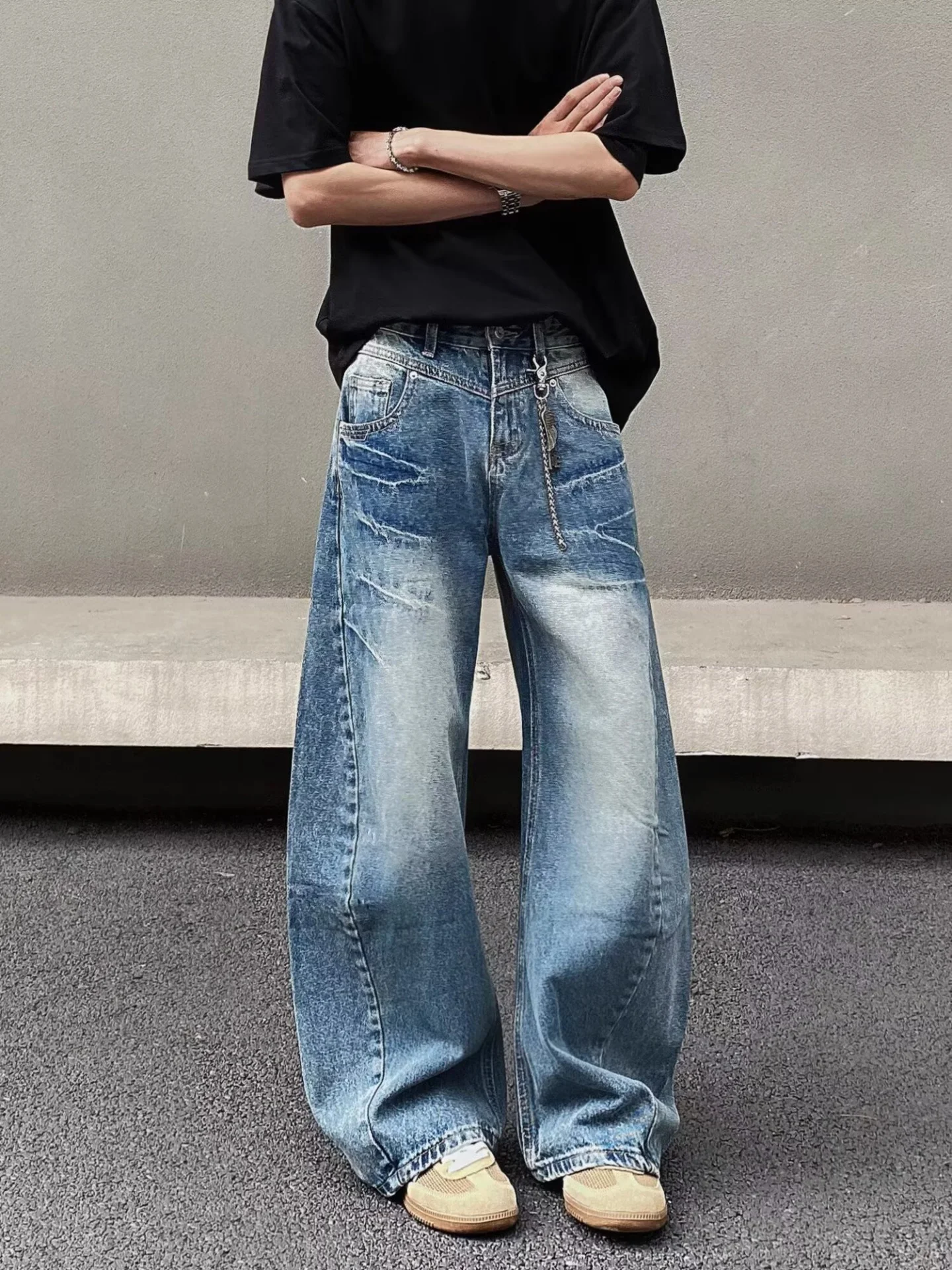 Retro American Washed Lightning Pattern Jeans Men's Loose Slim Casual Versatile Straight Leg Design Long Pants for Teens