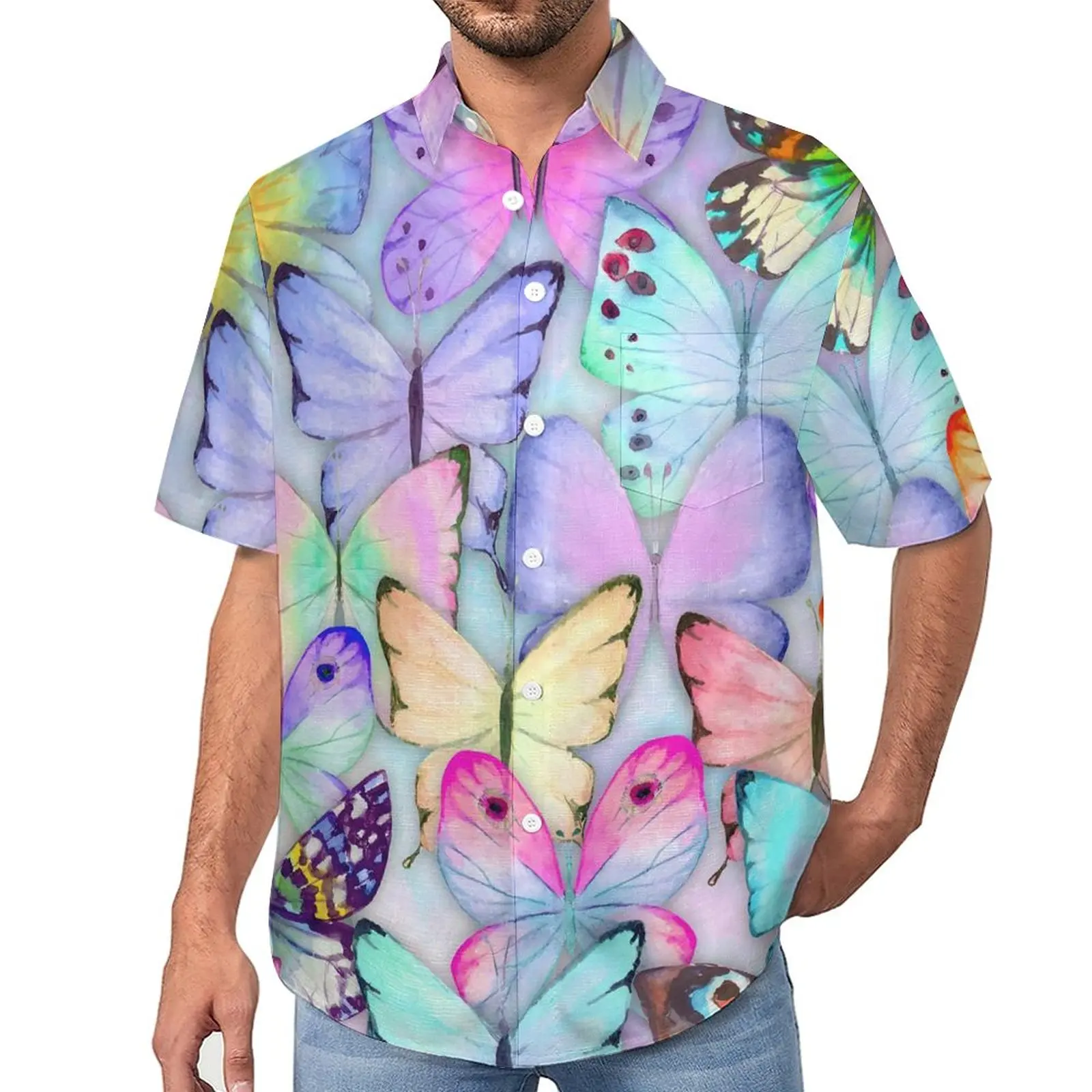 

Purple Butterfly Blouses Mens Watercolor Animal Casual Shirts Summer Short-Sleeved Custom Novelty Oversize Beach Shirt Gift Idea