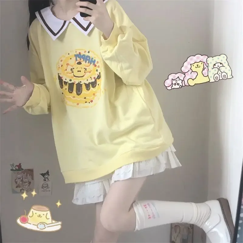 Sanrio Kuromi Print Spring Autumn Sweatshirt Preppy Loose Cartoon Pullover Girl Kawaii Girl Student O-neck Purple Top Aesthetic