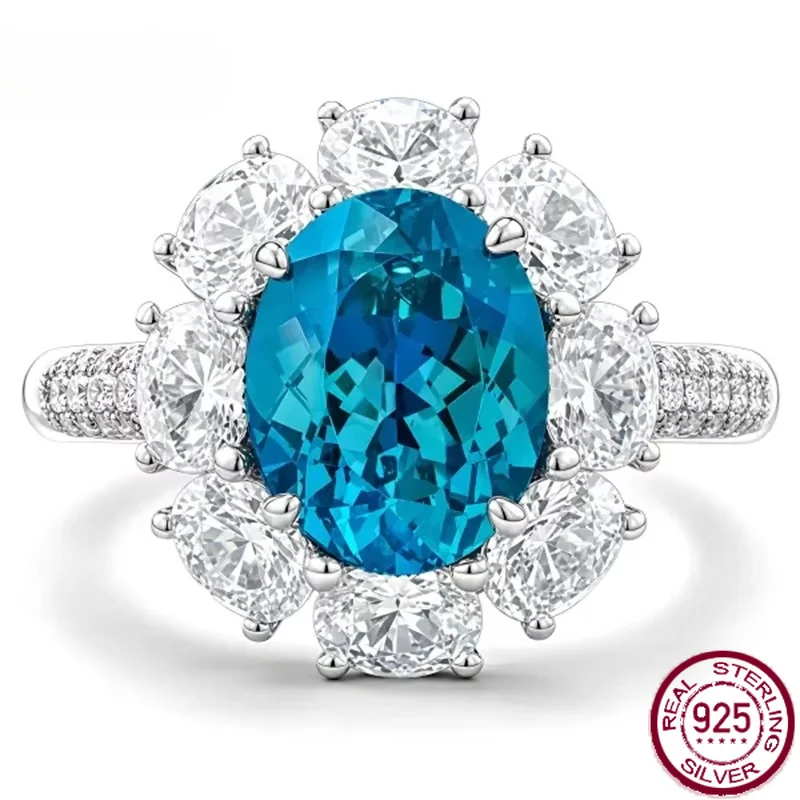 Yaranyan Vintage 925 Sterling Silver 7 * 9 MM Oval Cut Lab Sapphire Paraiba High Carbon Diamonds Gemstone Ring Fine Jewelry