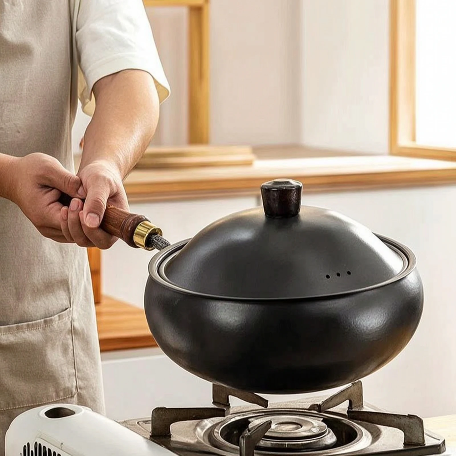 Cast Iron Wok with Lid Heavy Duty Wok with Wooden Handle Stir-Fry Pan with Wooden Lid Multicooktop Compatible Cookware Easy-Grip